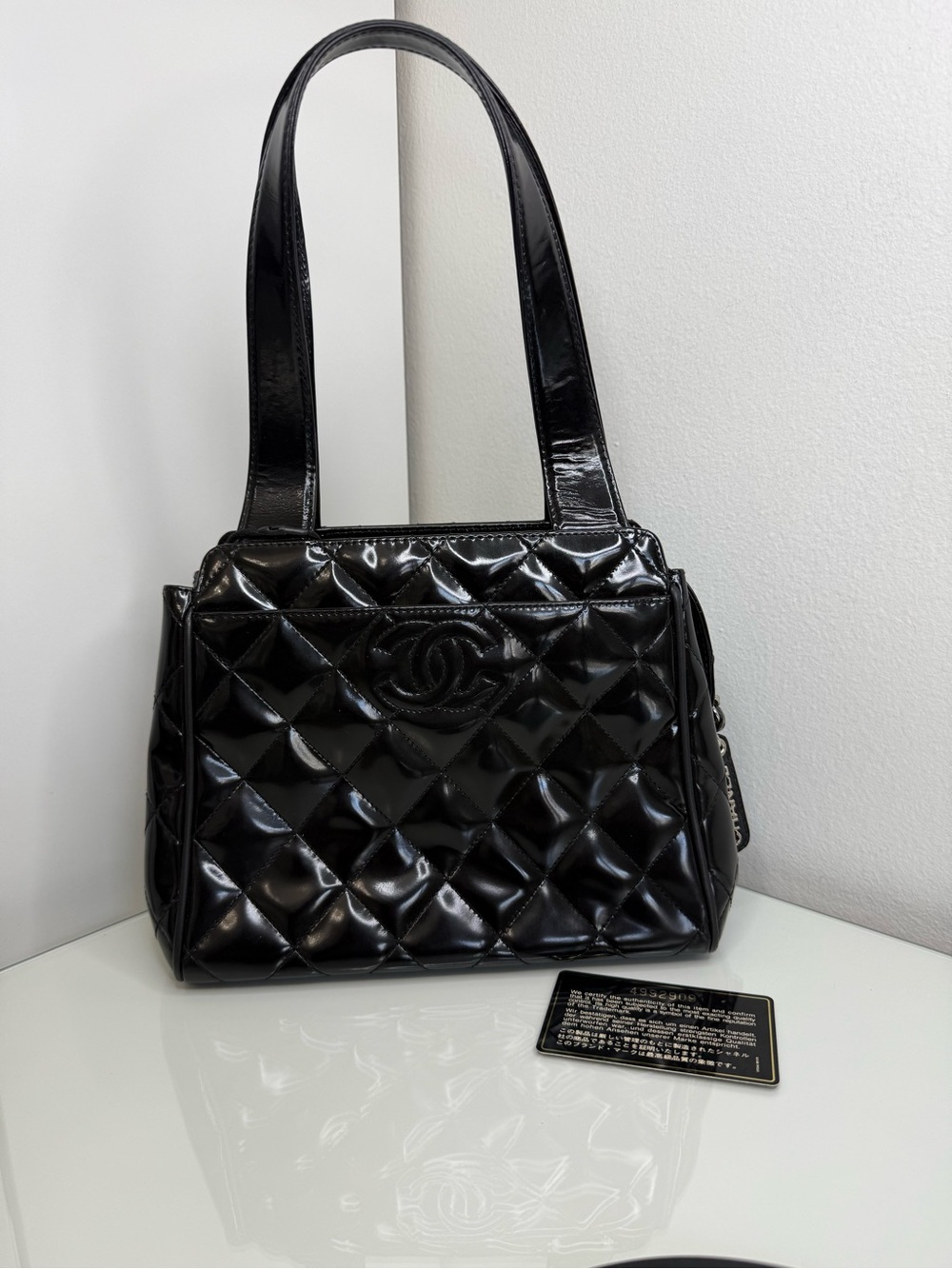 Chanel Black Patent Diamond Quilt Mini Tote Bag
